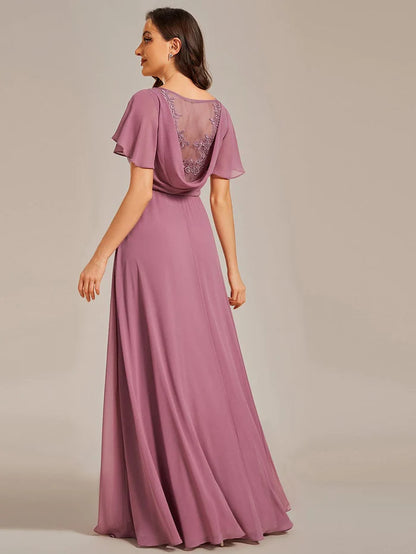 Wholesa Back See-Through Swing Collar Applique Ruffles Sleeve A-Line Evening Dress