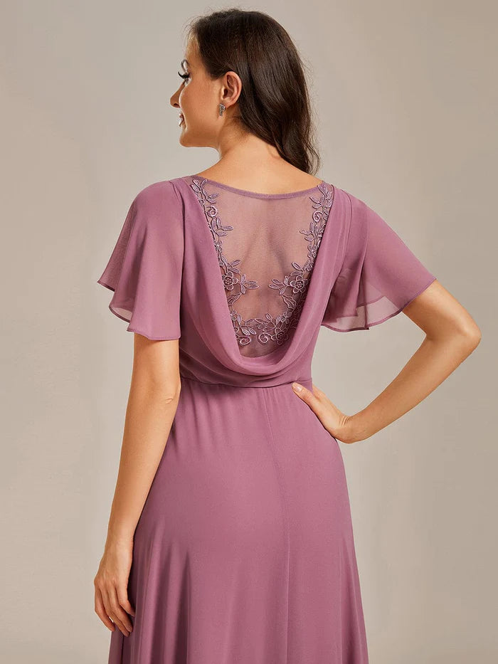 Wholesa Back See-Through Swing Collar Applique Ruffles Sleeve A-Line Evening Dress