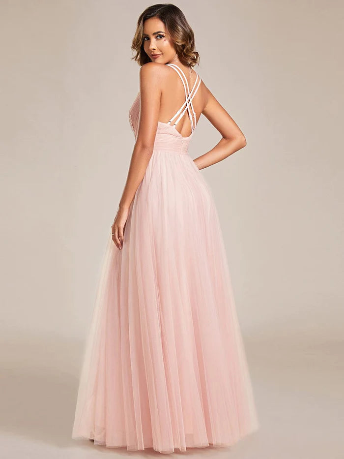 Wholesa Sleeveless Waist Applique Cross-Back Straps Tulle Bridesmaid Dress