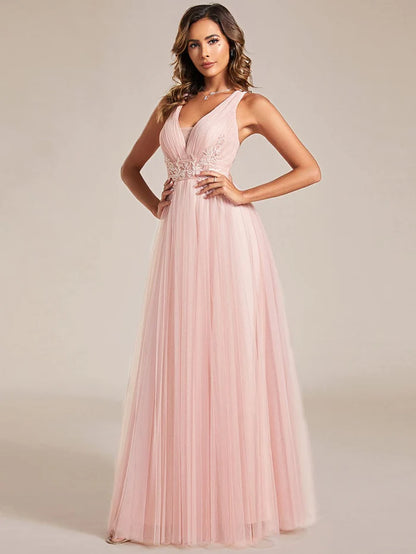 Wholesa Sleeveless Waist Applique Cross-Back Straps Tulle Bridesmaid Dress