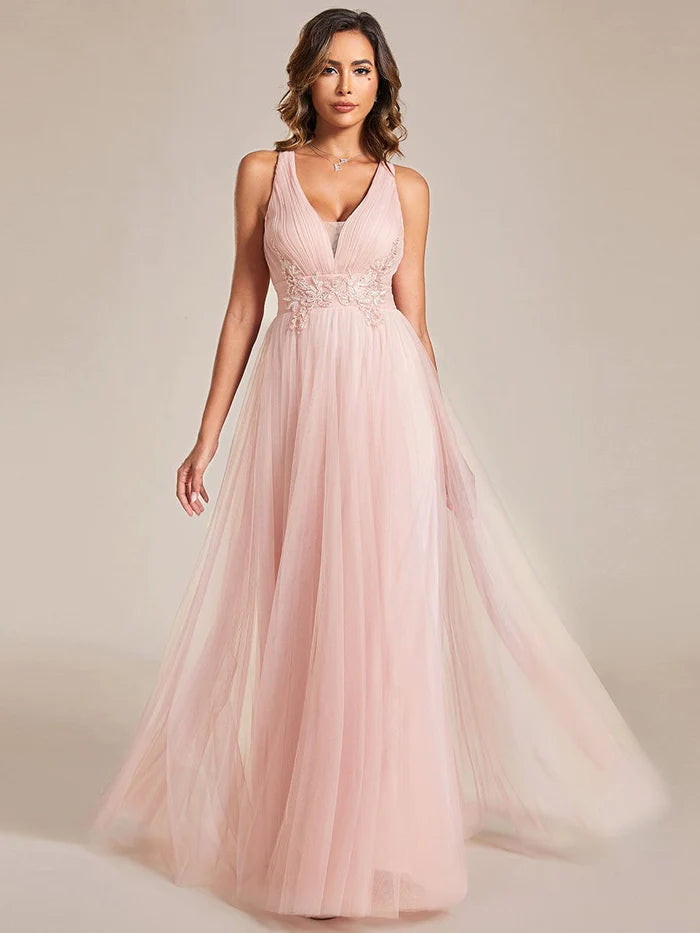 Wholesa Sleeveless Waist Applique Cross-Back Straps Tulle Bridesmaid Dress