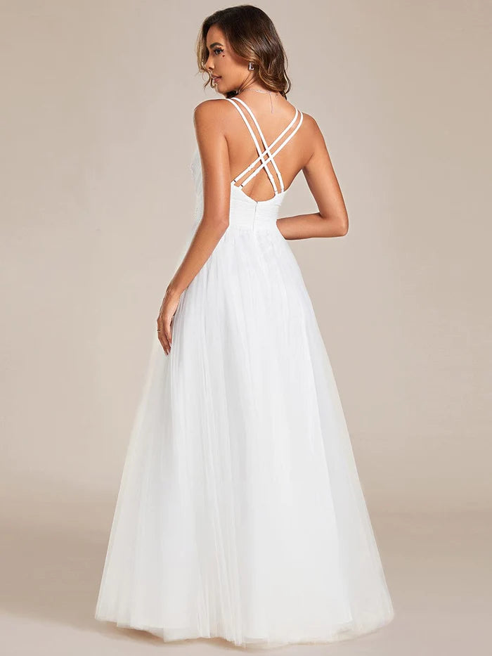 Wholesa Sleeveless Waist Applique Cross-Back Straps Tulle Bridesmaid Dress