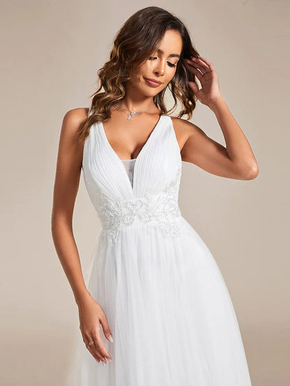 Wholesa Sleeveless Waist Applique Cross-Back Straps Tulle Bridesmaid Dress