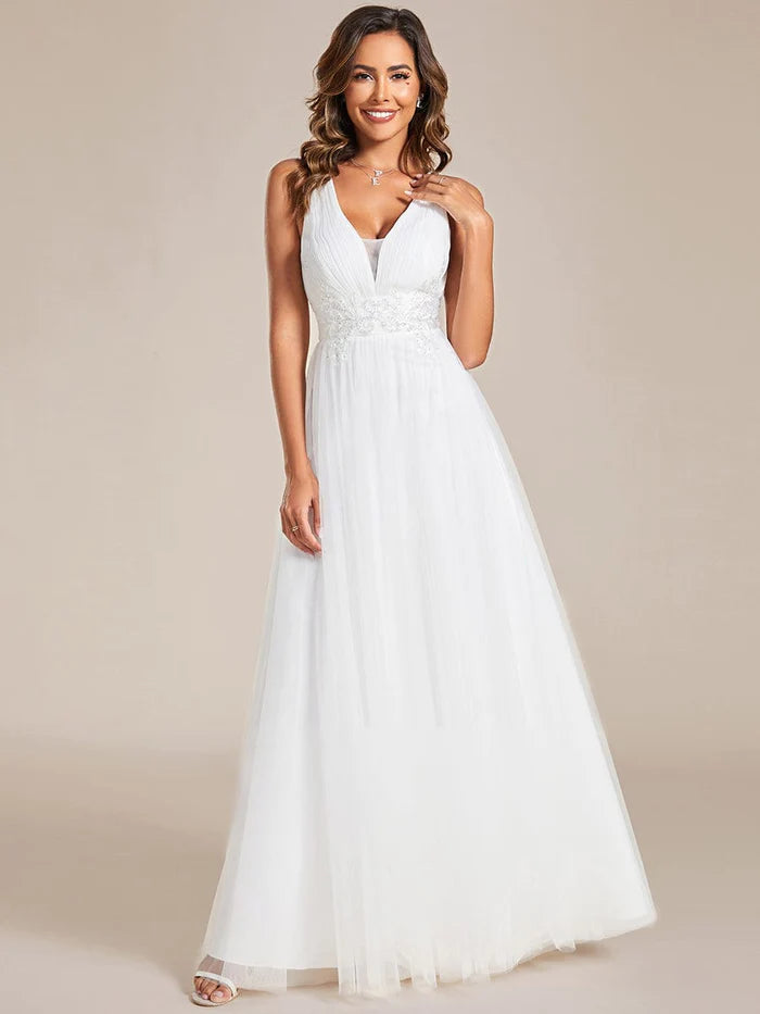 Wholesa Sleeveless Waist Applique Cross-Back Straps Tulle Bridesmaid Dress