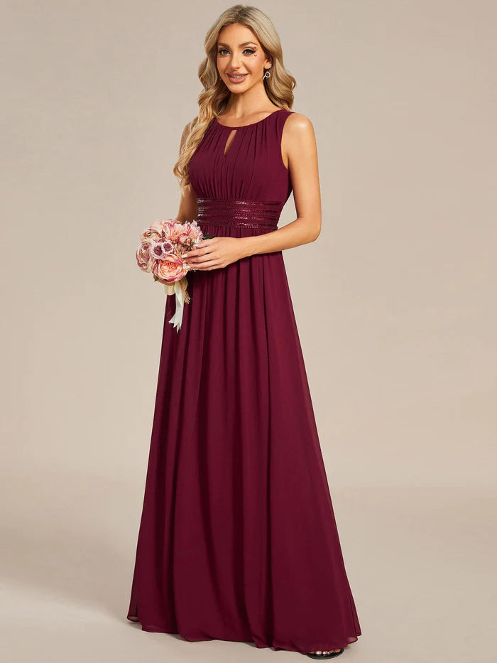 Wholesa Simple Sleeveless A-line Chiffon Bridesmaid Dess with Hollow Out Detail