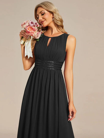 Wholesa Simple Sleeveless A-line Chiffon Bridesmaid Dess with Hollow Out Detail