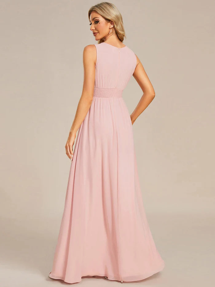 Wholesa Simple Sleeveless A-line Chiffon Bridesmaid Dess with Hollow Out Detail