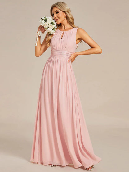 Wholesa Simple Sleeveless A-line Chiffon Bridesmaid Dess with Hollow Out Detail