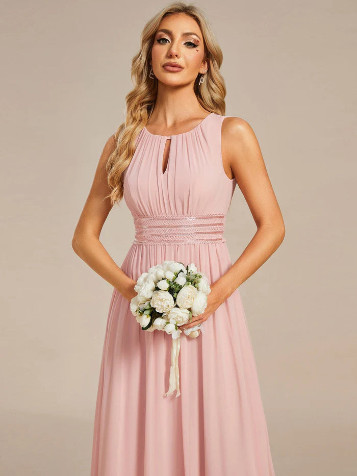 Wholesa Simple Sleeveless A-line Chiffon Bridesmaid Dess with Hollow Out Detail