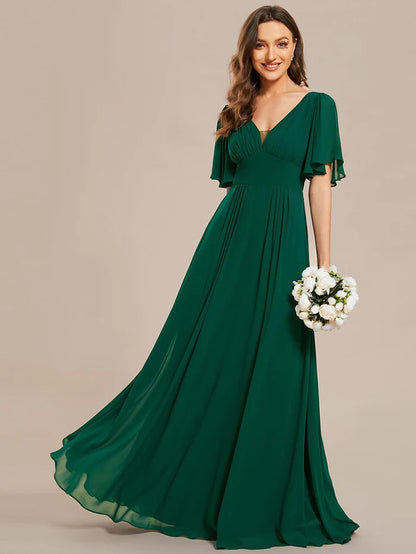 Wholesa Simple Chiffon Short Sleeves Empire Waist A-Line Maxi Bridesmaid Dress