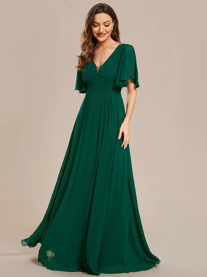 Wholesa Simple Chiffon Short Sleeves Empire Waist A-Line Maxi Bridesmaid Dress