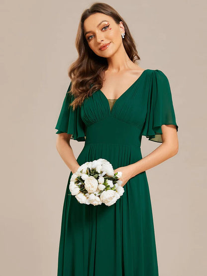 Wholesa Simple Chiffon Short Sleeves Empire Waist A-Line Maxi Bridesmaid Dress