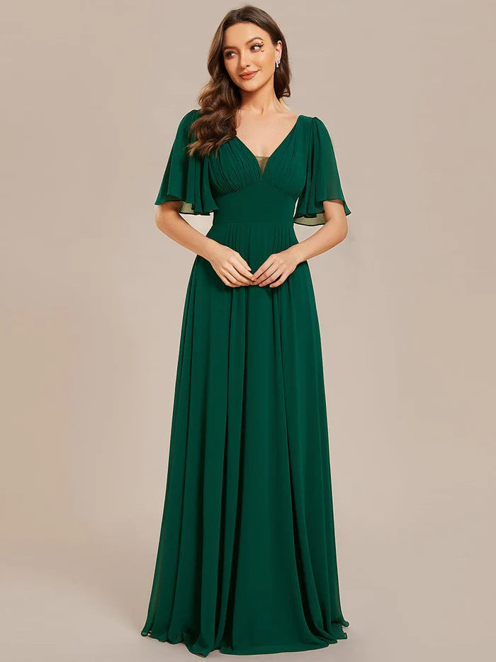 Wholesa Simple Chiffon Short Sleeves Empire Waist A-Line Maxi Bridesmaid Dress