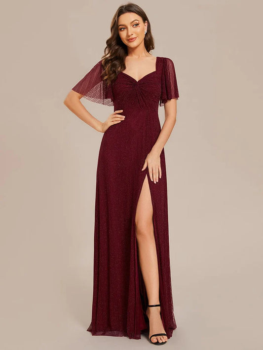 Wholesa Glittery A-Line High Slit Waist Short Sleeves Back Lace-Up Bridesmaid Dress