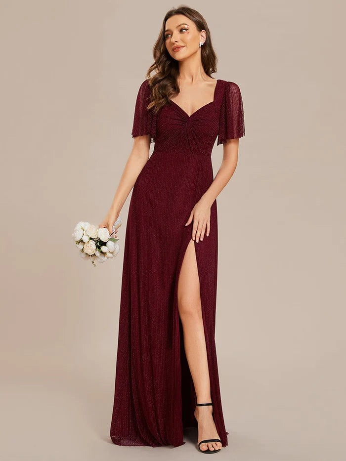 Wholesa Glittery A-Line High Slit Waist Short Sleeves Back Lace-Up Bridesmaid Dress