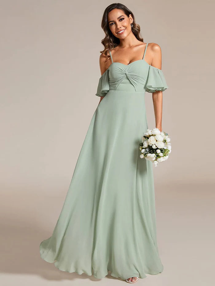 Wholesa Spaghetti Strap Sweetheart Chiffon A-line Bridesmaid Dess with Knot