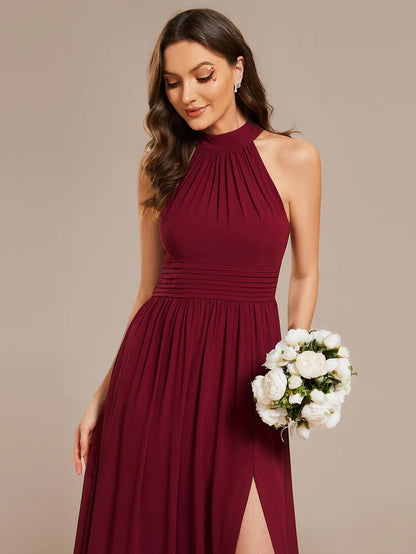 Wholesa Chiffon Halter Straps Sleeveless Pleated A-Line High Slit Maxi Bridesmaid Dress