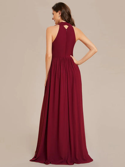 Wholesa Chiffon Halter Straps Sleeveless Pleated A-Line High Slit Maxi Bridesmaid Dress