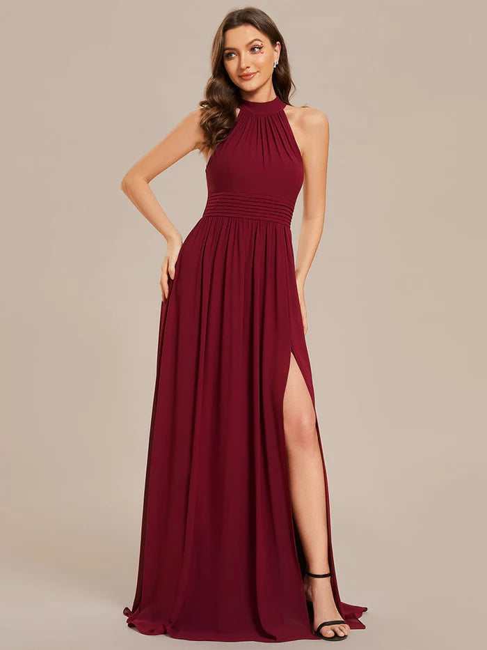 Wholesa Chiffon Halter Straps Sleeveless Pleated A-Line High Slit Maxi Bridesmaid Dress