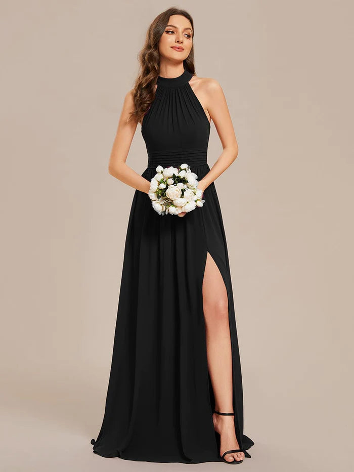 Wholesa Chiffon Halter Straps Sleeveless Pleated A-Line High Slit Maxi Bridesmaid Dress