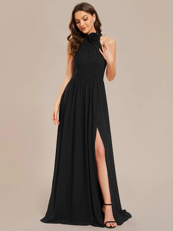 Wholesa Chiffon Halter Straps Sleeveless Pleated A-Line High Slit Maxi Bridesmaid Dress