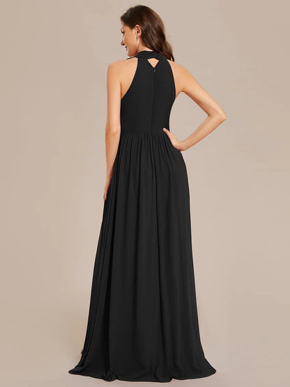 Wholesa Chiffon Halter Straps Sleeveless Pleated A-Line High Slit Maxi Bridesmaid Dress