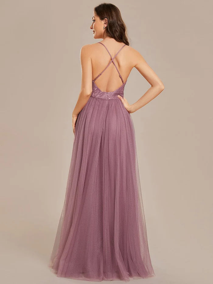 Wholesa Spaghetti Straps Backless A-Line Lace Tulle Bridesmaid Dress