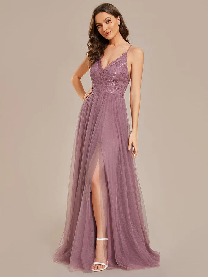 Wholesa Spaghetti Straps Backless A-Line Lace Tulle Bridesmaid Dress