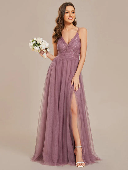 Wholesa Spaghetti Straps Backless A-Line Lace Tulle Bridesmaid Dress