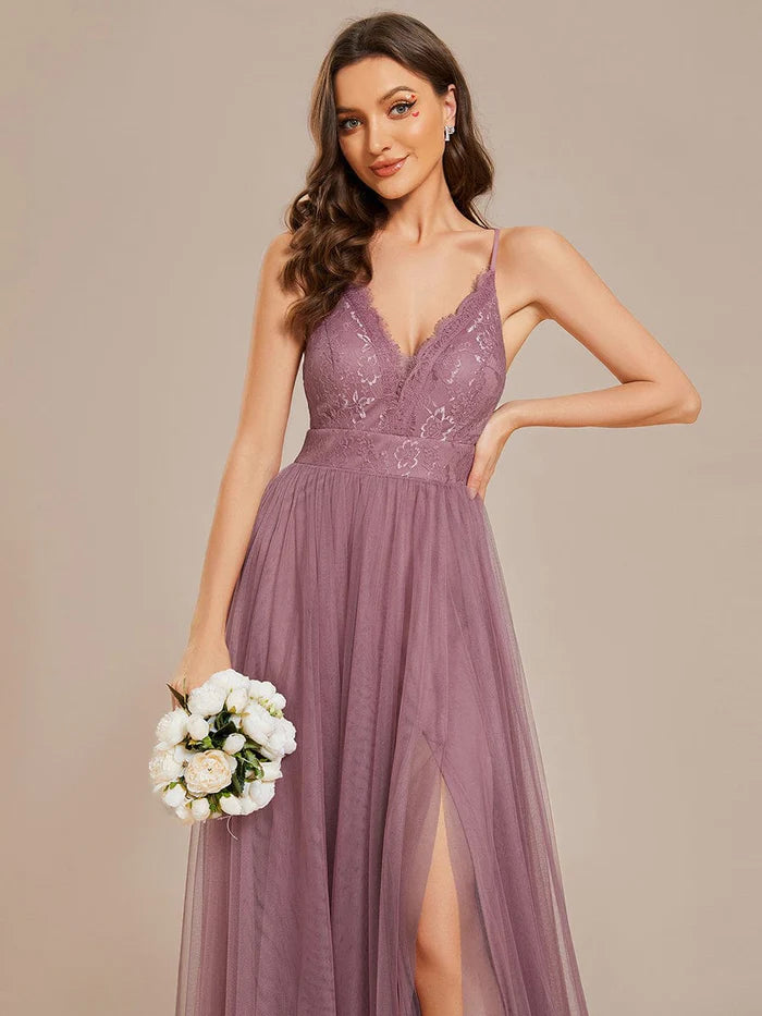 Wholesa Spaghetti Straps Backless A-Line Lace Tulle Bridesmaid Dress