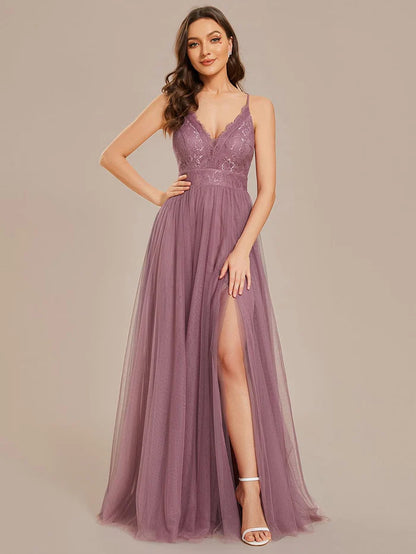 Wholesa Spaghetti Straps Backless A-Line Lace Tulle Bridesmaid Dress