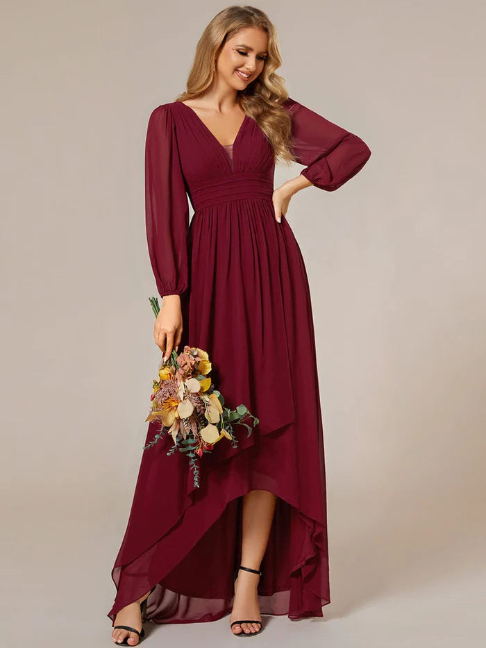 Wholesa A-Line Pleated See-Through Long Lantern Midi Chiffon Bridesmaid Dress