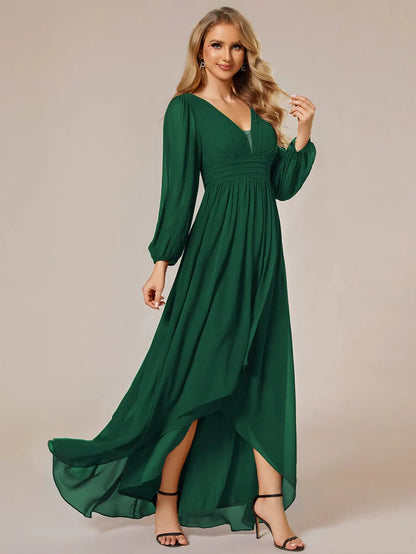 Wholesa A-Line Pleated See-Through Long Lantern Midi Chiffon Bridesmaid Dress