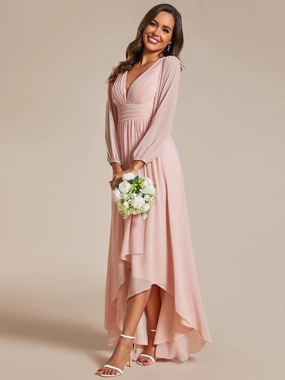 Wholesa A-Line Pleated See-Through Long Lantern Midi Chiffon Bridesmaid Dress