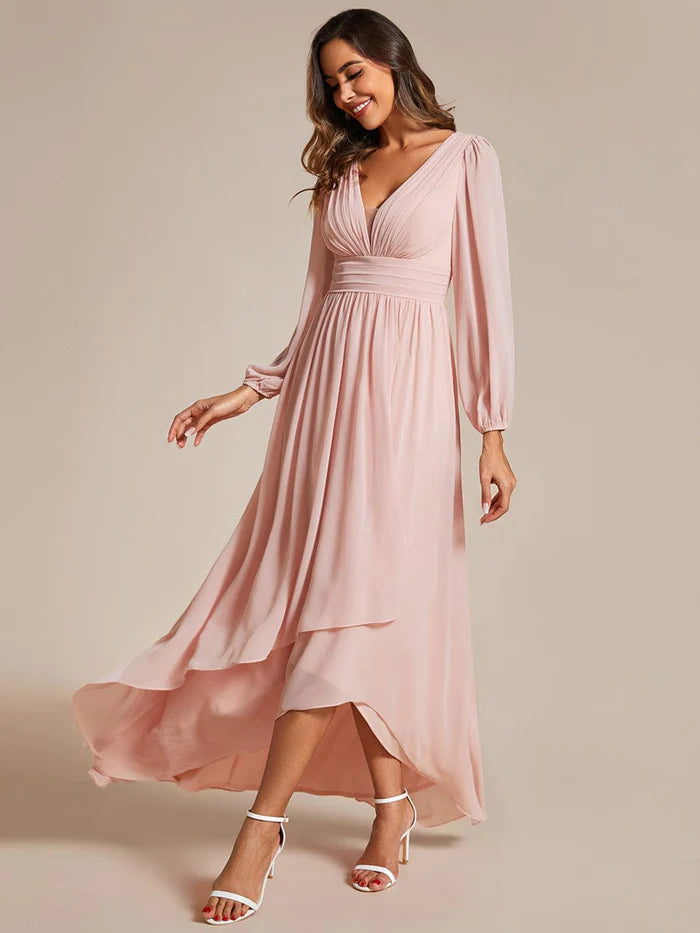 Wholesa A-Line Pleated See-Through Long Lantern Midi Chiffon Bridesmaid Dress