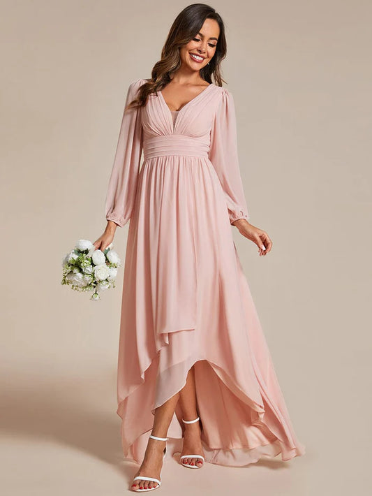 Wholesa A-Line Pleated See-Through Long Lantern Midi Chiffon Bridesmaid Dress