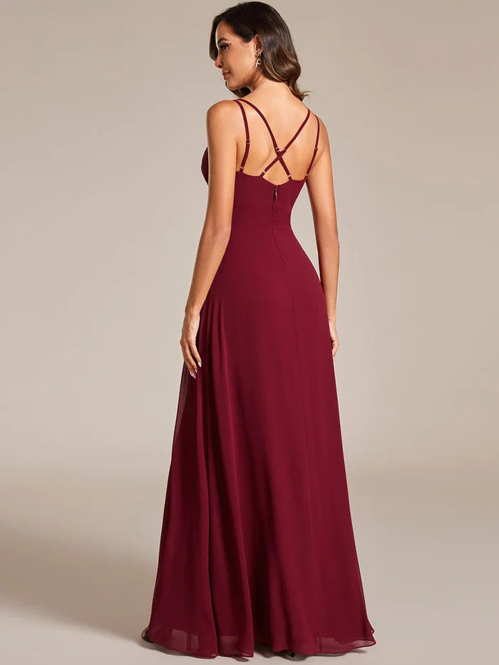 Wholesa Deep V-Neck High Front Slit Spaghetti Strap Back X-Cross Bridesmaid Dress