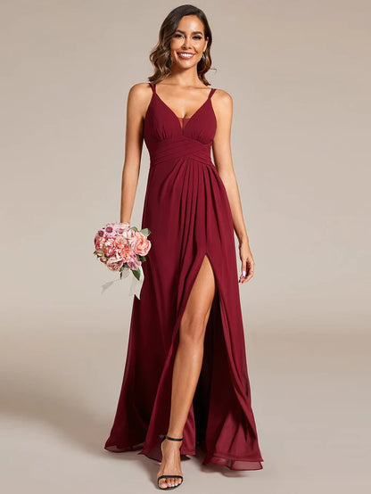 Wholesa Deep V-Neck High Front Slit Spaghetti Strap Back X-Cross Bridesmaid Dress