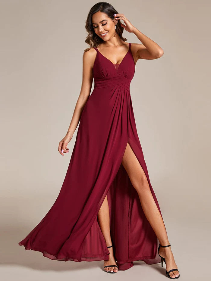 Wholesa Deep V-Neck High Front Slit Spaghetti Strap Back X-Cross Bridesmaid Dress