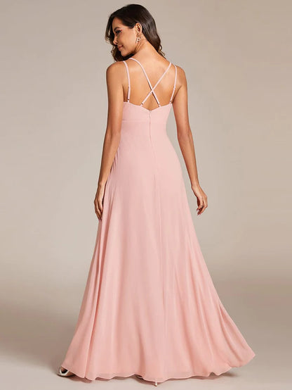 Wholesa Deep V-Neck High Front Slit Spaghetti Strap Back X-Cross Bridesmaid Dress