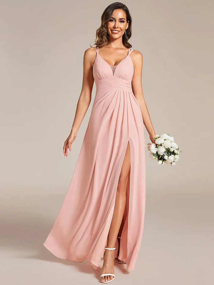 Wholesa Deep V-Neck High Front Slit Spaghetti Strap Back X-Cross Bridesmaid Dress