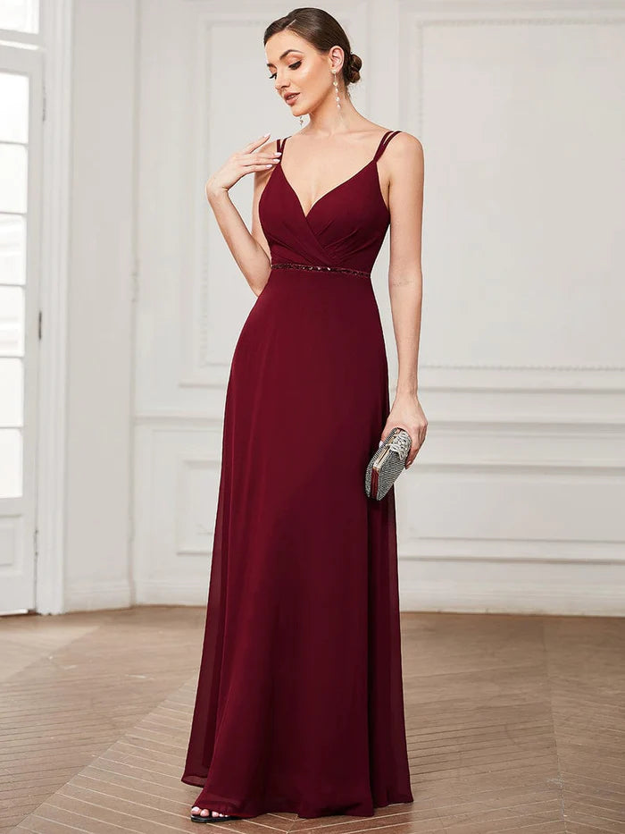 Wholesa Sequin Belted Double Spaghetti Strap Chiffon Bridesmaid Dress