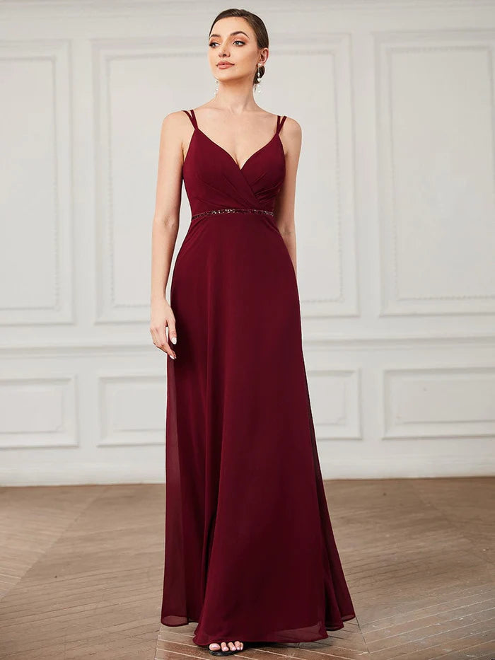 Wholesa Sequin Belted Double Spaghetti Strap Chiffon Bridesmaid Dress