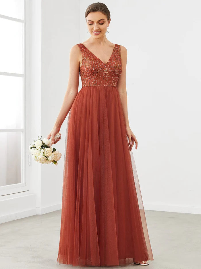 Wholesa Lace V-Neck Sleeveless Tulle A-Line Bridesmaid Dress