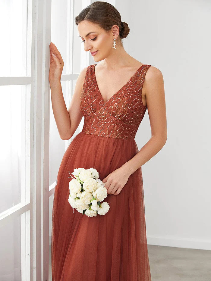 Wholesa Lace V-Neck Sleeveless Tulle A-Line Bridesmaid Dress