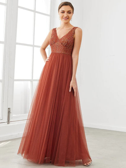 Wholesa Lace V-Neck Sleeveless Tulle A-Line Bridesmaid Dress