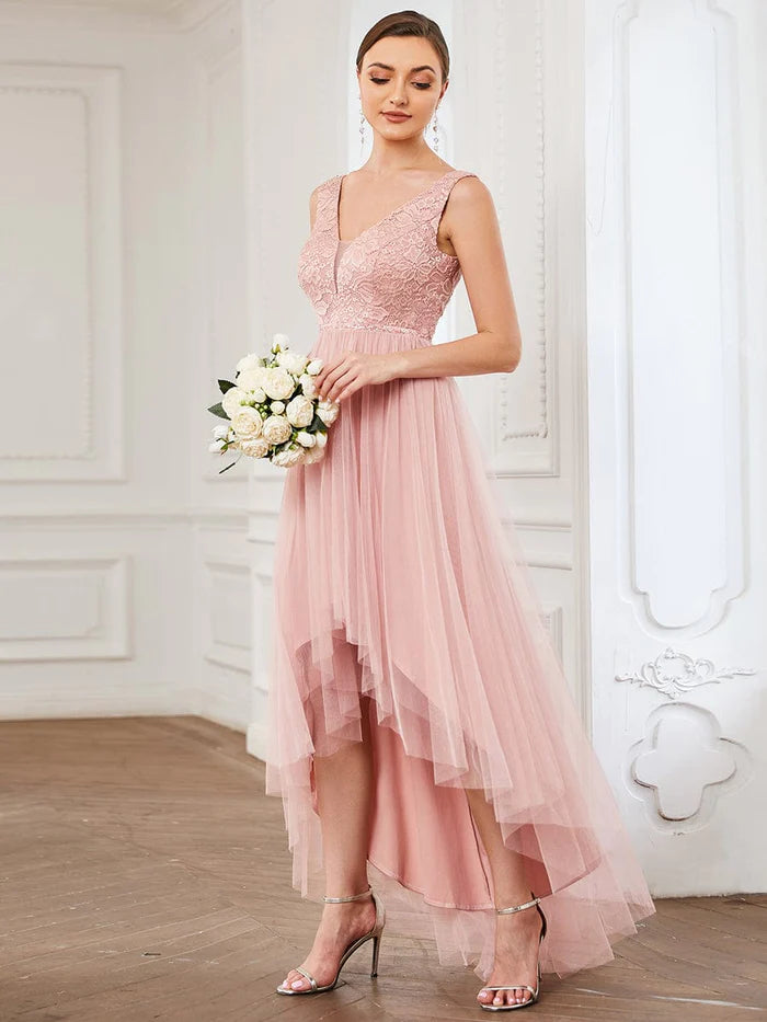 Wholesa Lace Illusion Panel Sleeveless Tulle High Low Bridesmaid Dress