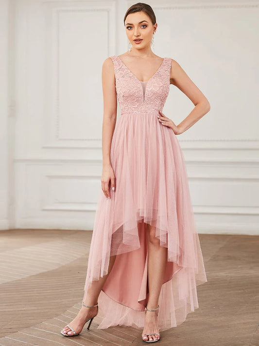 Wholesa Lace Illusion Panel Sleeveless Tulle High Low Bridesmaid Dress