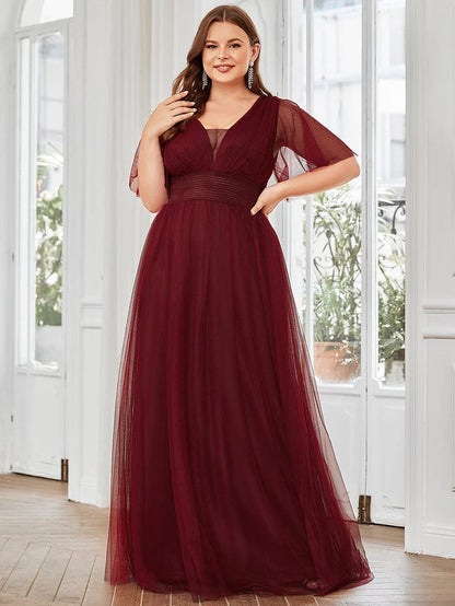 Wholesa Plus Size A-Line Short Sleeve V-Neck Tulle Bridesmaid Dress