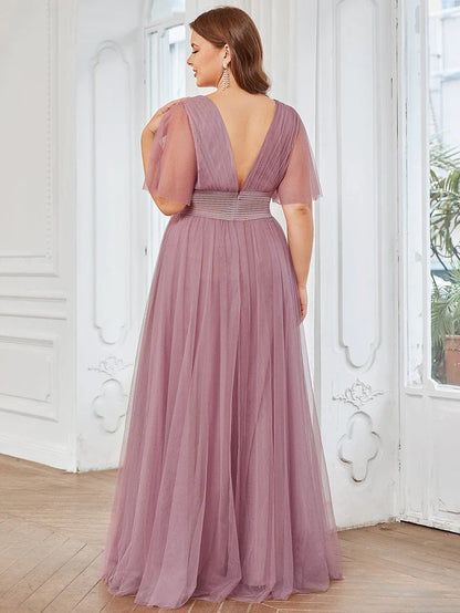 Wholesa Pleated A-Line Short Sleeve Double V-Neck Tulle Bridesmaid Dress